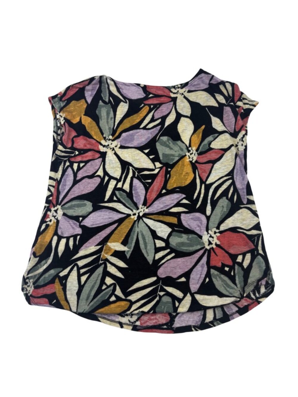 Nicole Miller Womens L Black Floral Print 100% Linen Top Cap Short Sleeveless - Picture 7 of 7
